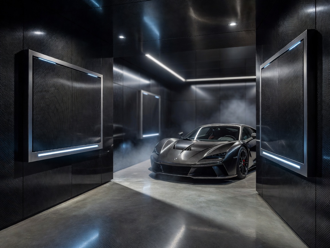 Carbon fiber luxury garage setup with active climate management panels