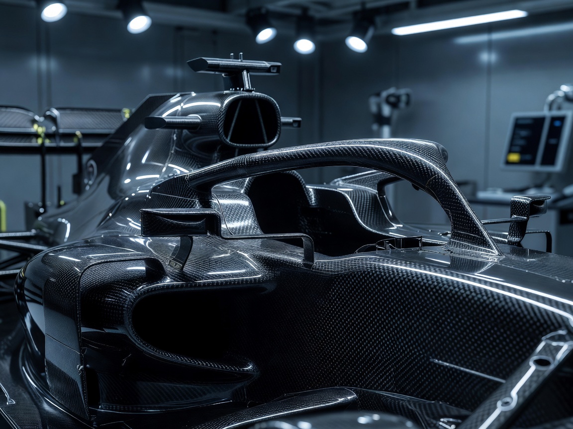Detailed close-up view of carbon fiber monocoque in high-tech lighting setting