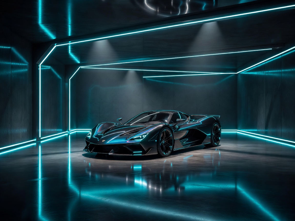 Futuristic glossy underground supercar garage setup illuminated with cyan neon strip lights