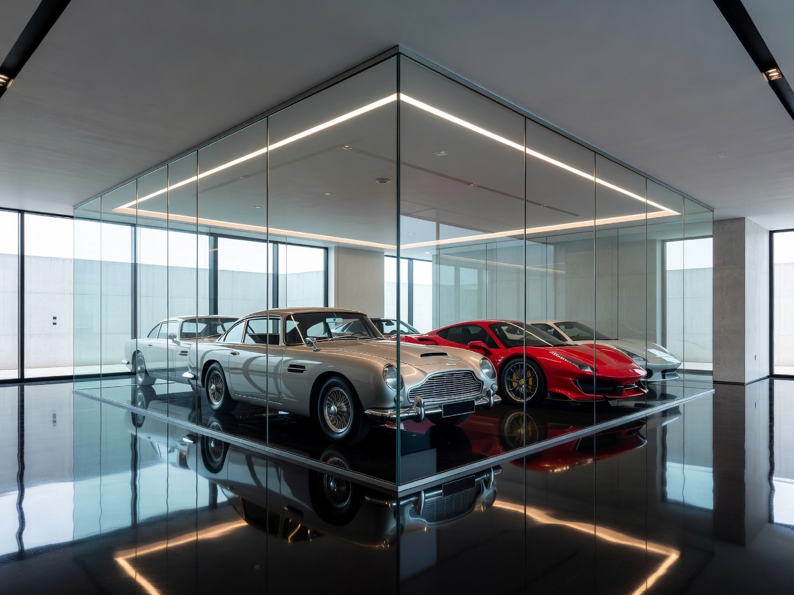Glass enclosed climate controlled car vault inside a modern luxury residence