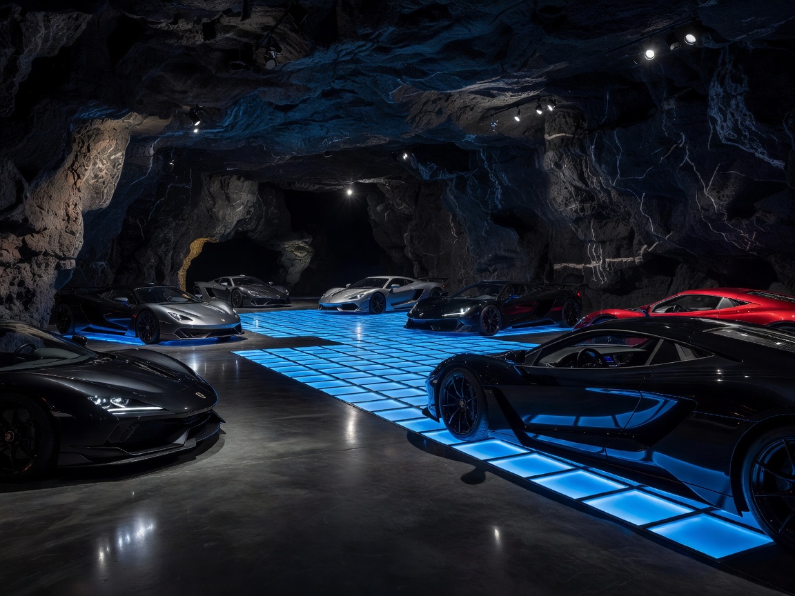 High contrast subterranean supercar gallery with glowing blue glass floor lights