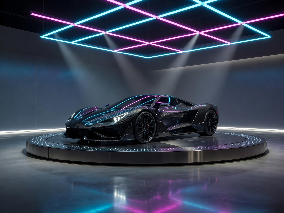 High tech supercar garage display platform with overhead glossy neon lighting