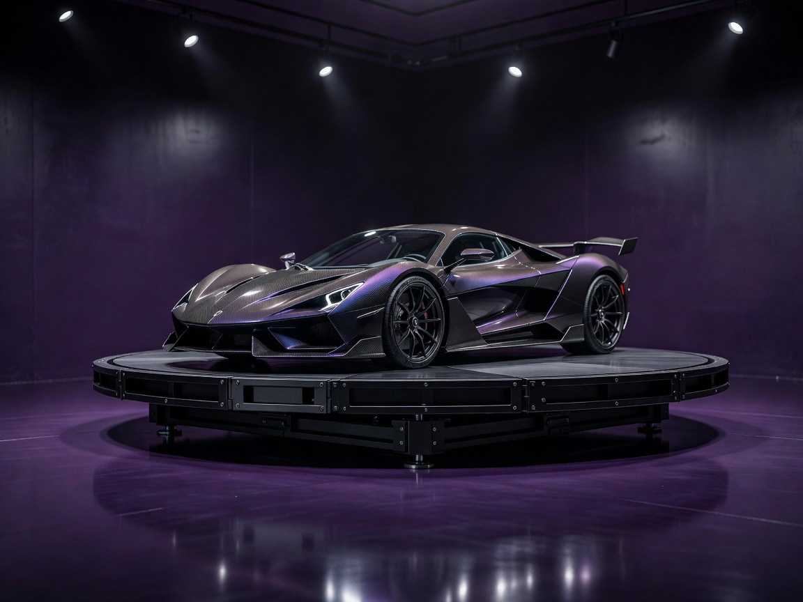 Motorized presentation turntable platform for hypercar in dark violet garage space