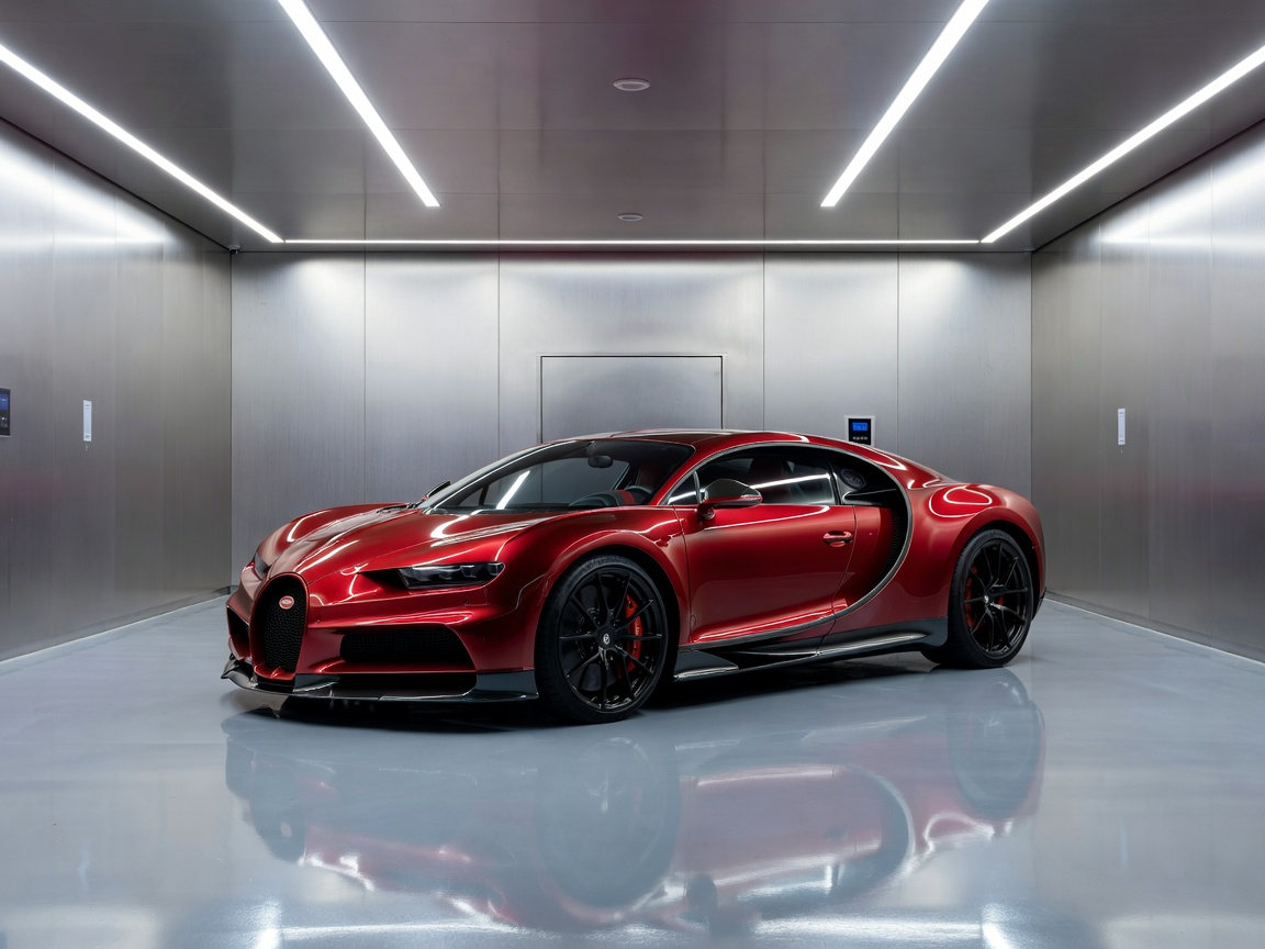 Red exotic supercar stored in climate controlled chamber