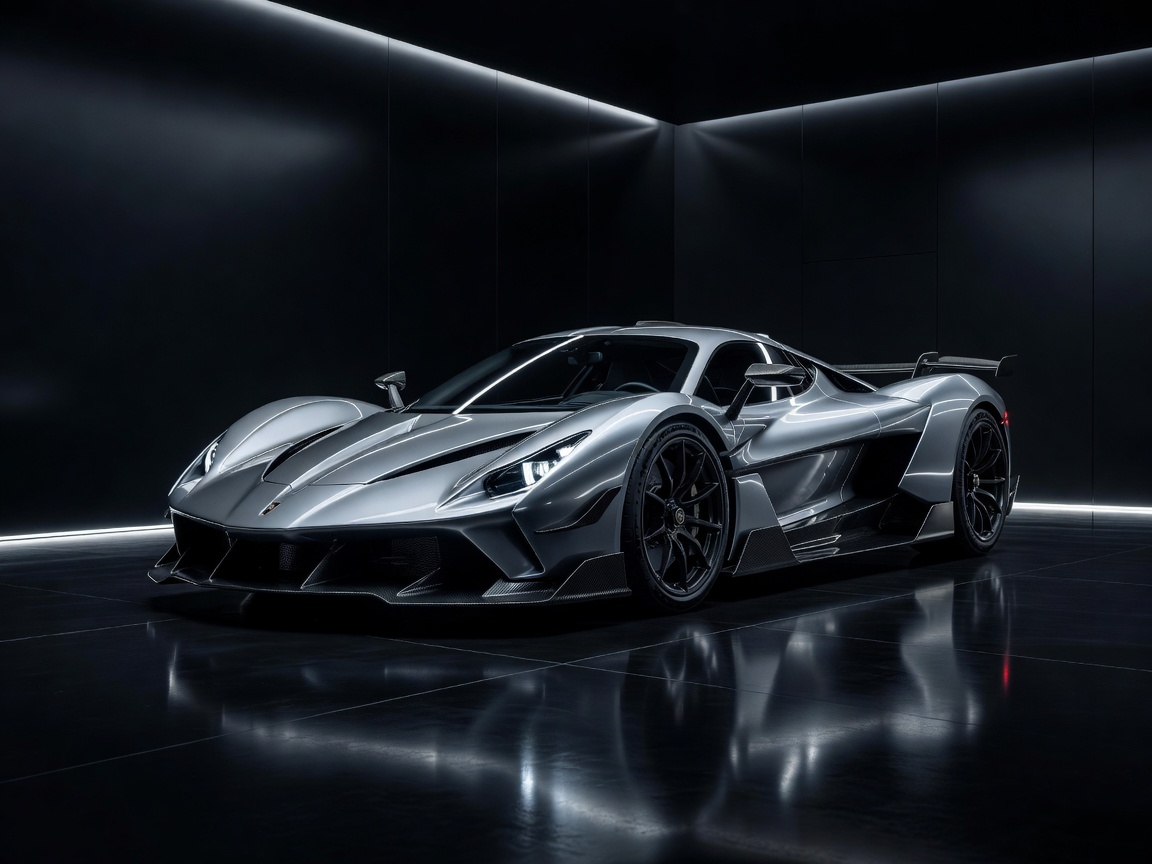 Silver rare hypercar angled shot inside dark glossy showroom